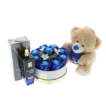 Marine blue gift set with roses, teddy bear and perfume