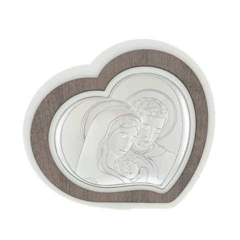 Holy Family Cutout Heart Icon Silver Covered 15cm