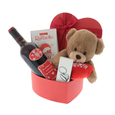 Gift set with love message, teddy bear, keychain and personalized bottle